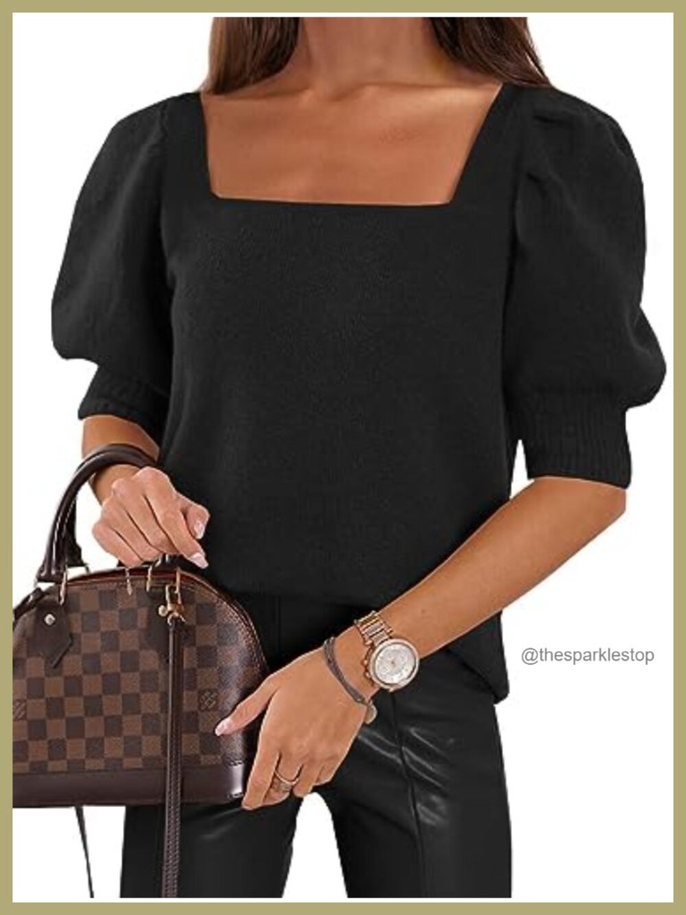Womens Puff Short Sleeve Knit Sweater Top Square Neck Casual Pullover